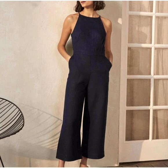 Boden Pants - NWT Boden 100% Linen Wide Leg Jumpsuit Women's 2R Halter Neck Navy Blue Resort